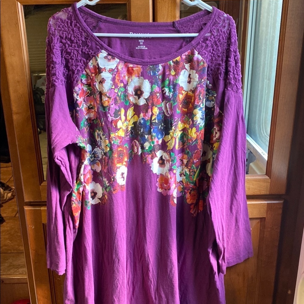 Roaman's Purple 3X Floral Tunic 3/4 Sleeve Relaxed Fit Hippie Boho Whimsical